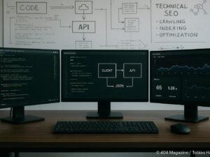 Moderner Entwicklerarbeitsplatz mit mehreren Monitoren, Whiteboard mit technischen Schemata und SEO-Notizen, digitale Infrastruktur-Symbole sichtbar