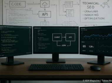 Moderner Entwicklerarbeitsplatz mit mehreren Monitoren, Whiteboard mit technischen Schemata und SEO-Notizen, digitale Infrastruktur-Symbole sichtbar