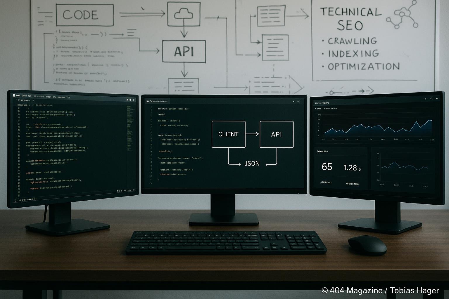 Moderner Entwicklerarbeitsplatz mit mehreren Monitoren, Whiteboard mit technischen Schemata und SEO-Notizen, digitale Infrastruktur-Symbole sichtbar