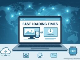 Moderne Webseite auf Laptop mit globaler CDN-Infrastruktur, hervorgehobene technische Elemente wie adaptive Bilder und Lazy Loading-Icons, in hellen Blau- und Grautönen.