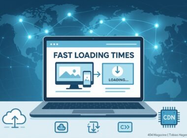 Moderne Webseite auf Laptop mit globaler CDN-Infrastruktur, hervorgehobene technische Elemente wie adaptive Bilder und Lazy Loading-Icons, in hellen Blau- und Grautönen.
