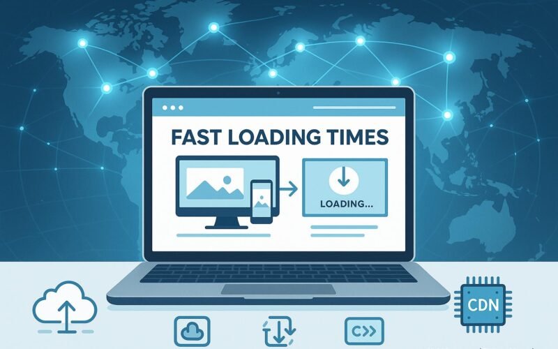 Moderne Webseite auf Laptop mit globaler CDN-Infrastruktur, hervorgehobene technische Elemente wie adaptive Bilder und Lazy Loading-Icons, in hellen Blau- und Grautönen.