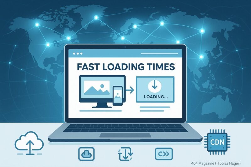 Moderne Webseite auf Laptop mit globaler CDN-Infrastruktur, hervorgehobene technische Elemente wie adaptive Bilder und Lazy Loading-Icons, in hellen Blau- und Grautönen.