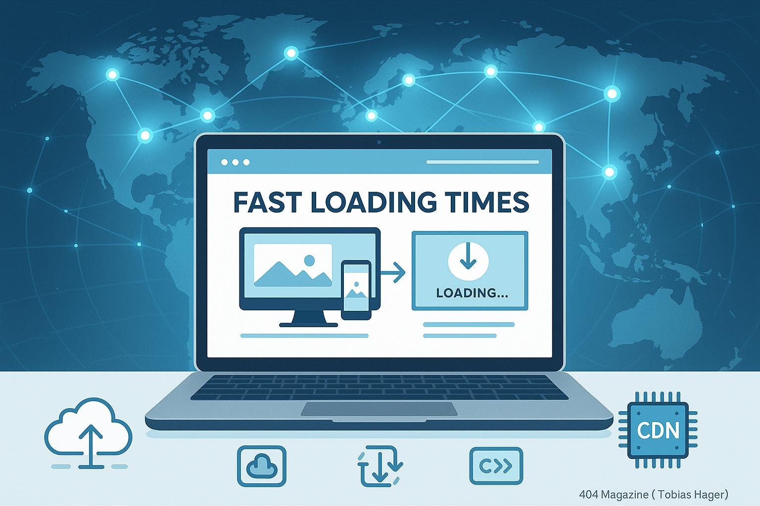 Moderne Webseite auf Laptop mit globaler CDN-Infrastruktur, hervorgehobene technische Elemente wie adaptive Bilder und Lazy Loading-Icons, in hellen Blau- und Grautönen.