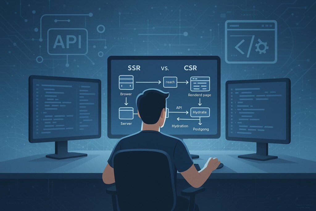 Entwickler vor mehreren Monitoren mit Diagrammen zu Server-Side Rendering, Client-Side Rendering und API-Fluss in einem futuristischen, digital inspirierten Raum