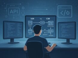 Entwickler vor mehreren Monitoren mit Diagrammen zu Server-Side Rendering, Client-Side Rendering und API-Fluss in einem futuristischen, digital inspirierten Raum