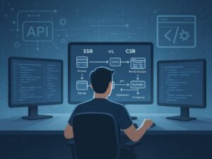 Entwickler vor mehreren Monitoren mit Diagrammen zu Server-Side Rendering, Client-Side Rendering und API-Fluss in einem futuristischen, digital inspirierten Raum