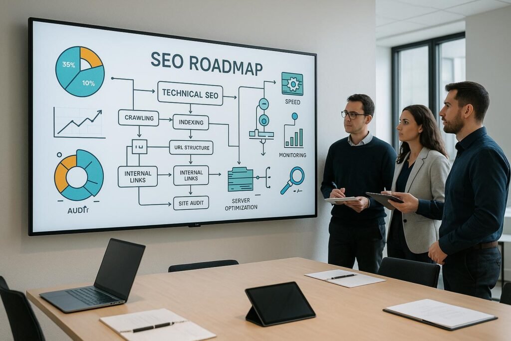 Modernes Büro mit digitalem Whiteboard, das eine komplexe SEO-Roadmap mit Diagrammen und Flusscharts zeigt, während ein Team bei strategischer Planung zusammenarbeitet.