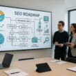 Modernes Büro mit digitalem Whiteboard, das eine komplexe SEO-Roadmap mit Diagrammen und Flusscharts zeigt, während ein Team bei strategischer Planung zusammenarbeitet.