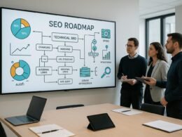 Modernes Büro mit digitalem Whiteboard, das eine komplexe SEO-Roadmap mit Diagrammen und Flusscharts zeigt, während ein Team bei strategischer Planung zusammenarbeitet.