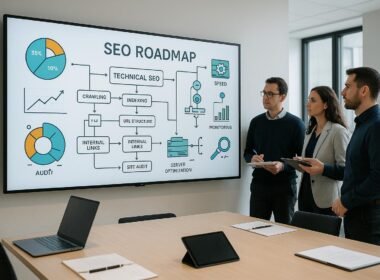 Modernes Büro mit digitalem Whiteboard, das eine komplexe SEO-Roadmap mit Diagrammen und Flusscharts zeigt, während ein Team bei strategischer Planung zusammenarbeitet.