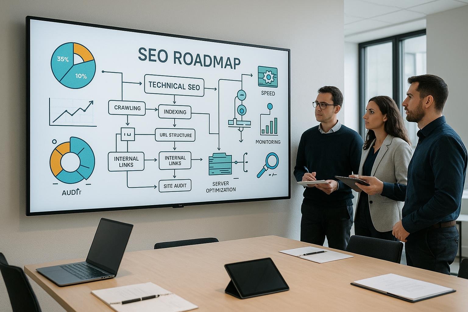 Modernes Büro mit digitalem Whiteboard, das eine komplexe SEO-Roadmap mit Diagrammen und Flusscharts zeigt, während ein Team bei strategischer Planung zusammenarbeitet.