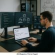 Webentwickler an einem modernen Arbeitsplatz mit mehreren Bildschirmen, die Code, Website-Strukturen und Analysen zeigen, mit Whiteboard-Flowcharts im Hintergrund