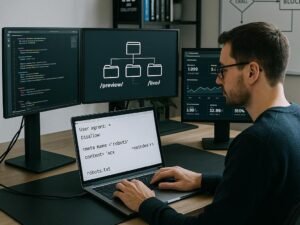Webentwickler an einem modernen Arbeitsplatz mit mehreren Bildschirmen, die Code, Website-Strukturen und Analysen zeigen, mit Whiteboard-Flowcharts im Hintergrund