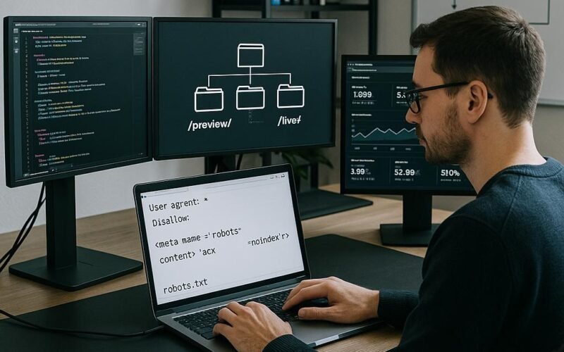 Webentwickler an einem modernen Arbeitsplatz mit mehreren Bildschirmen, die Code, Website-Strukturen und Analysen zeigen, mit Whiteboard-Flowcharts im Hintergrund