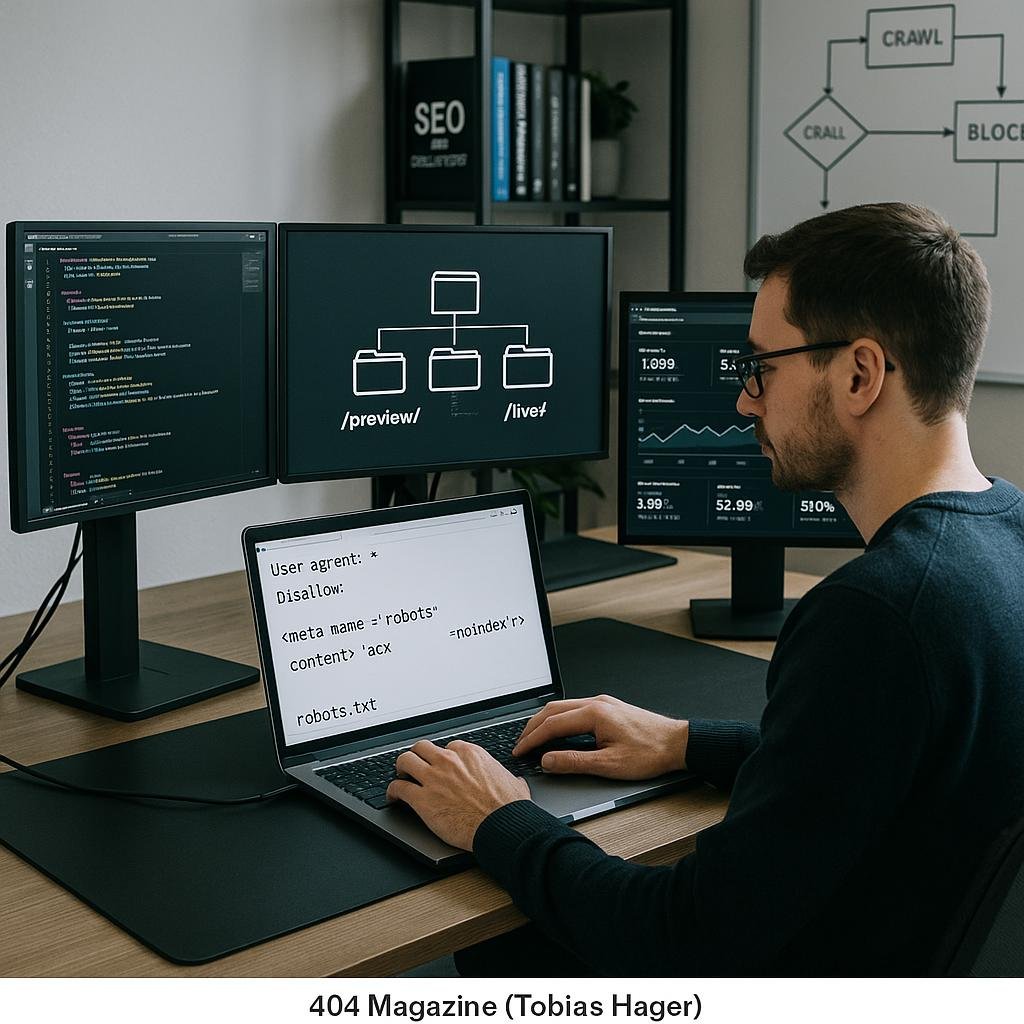 Webentwickler an einem modernen Arbeitsplatz mit mehreren Bildschirmen, die Code, Website-Strukturen und Analysen zeigen, mit Whiteboard-Flowcharts im Hintergrund