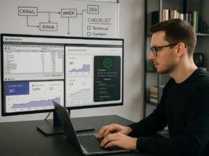 Ein professioneller SEO-Experte arbeitet an einem Laptop in einem modernen Büro mit Monitoren, Whiteboard und Bücherregalen, das eine umfassende SEO-Statusüberprüfung darstellt.