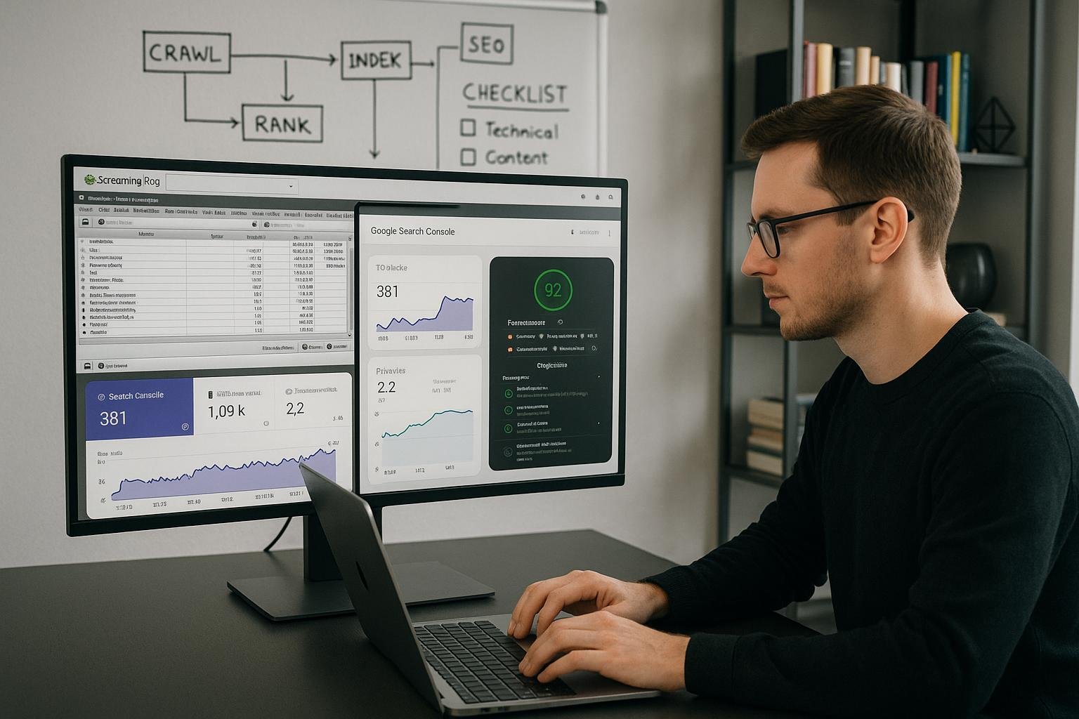 Ein professioneller SEO-Experte arbeitet an einem Laptop in einem modernen Büro mit Monitoren, Whiteboard und Bücherregalen, das eine umfassende SEO-Statusüberprüfung darstellt.