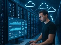 Serverracks in einem Rechenzentrum mit blauen und weißen Lichtern, großes Monitor-Display mit Dashboards, Techniker analysiert Diagramme, im Hintergrund Cloud-Icons mit Verbindungen. Credit: 404 Magazine (Tobias Hager).