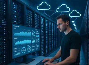 Serverracks in einem Rechenzentrum mit blauen und weißen Lichtern, großes Monitor-Display mit Dashboards, Techniker analysiert Diagramme, im Hintergrund Cloud-Icons mit Verbindungen. Credit: 404 Magazine (Tobias Hager).