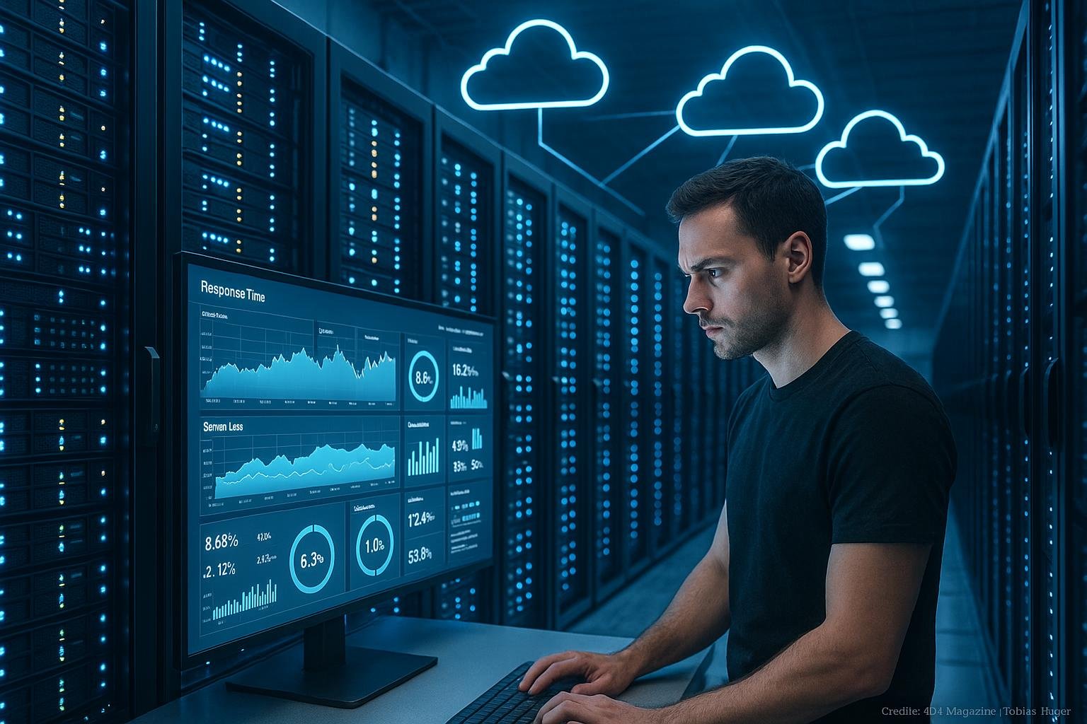 Serverracks in einem Rechenzentrum mit blauen und weißen Lichtern, großes Monitor-Display mit Dashboards, Techniker analysiert Diagramme, im Hintergrund Cloud-Icons mit Verbindungen. Credit: 404 Magazine (Tobias Hager).