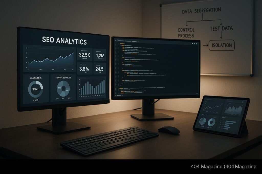 Moderner Arbeitsplatz mit Monitoren, Datenvisualisierungen und Whiteboard, das Datenisolationstechniken darstellt