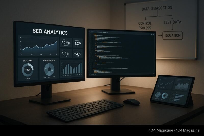 Moderner Arbeitsplatz mit Monitoren, Datenvisualisierungen und Whiteboard, das Datenisolationstechniken darstellt