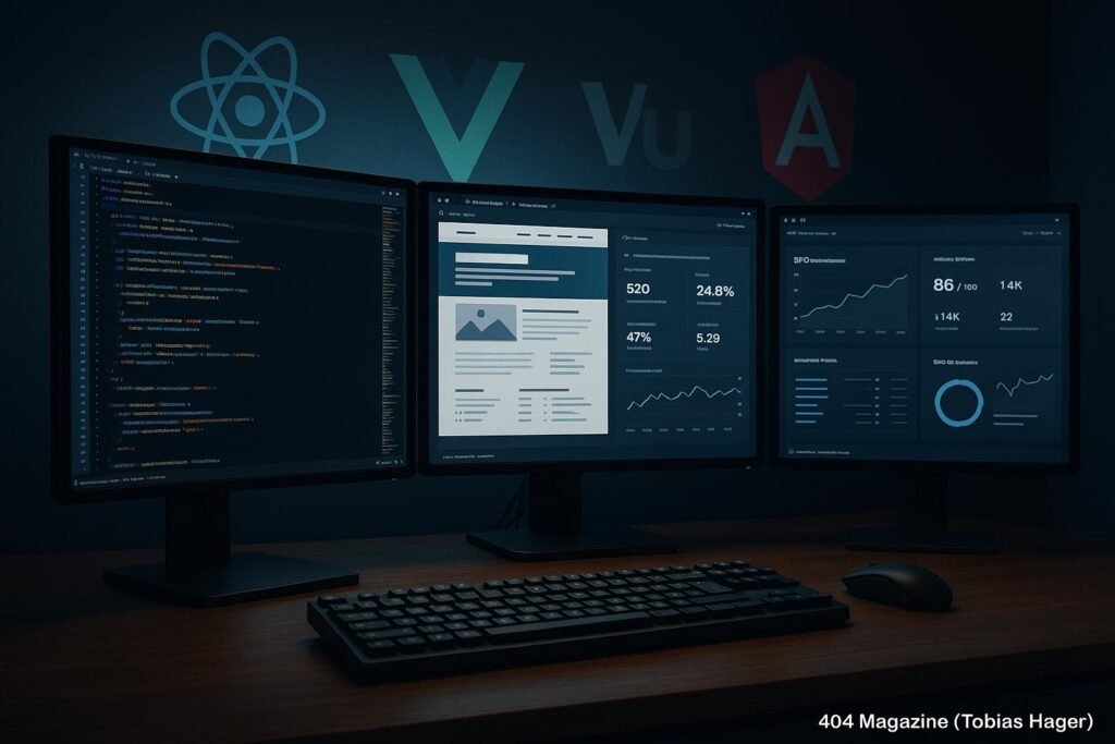 Moderne Entwickler-Workstation mit mehreren Monitoren, Code-Editor, Diagrammen und Framework-Icons im Hintergrund