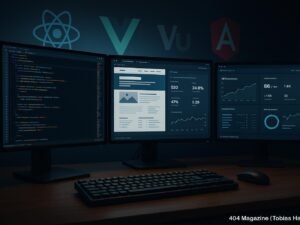 Moderne Entwickler-Workstation mit mehreren Monitoren, Code-Editor, Diagrammen und Framework-Icons im Hintergrund