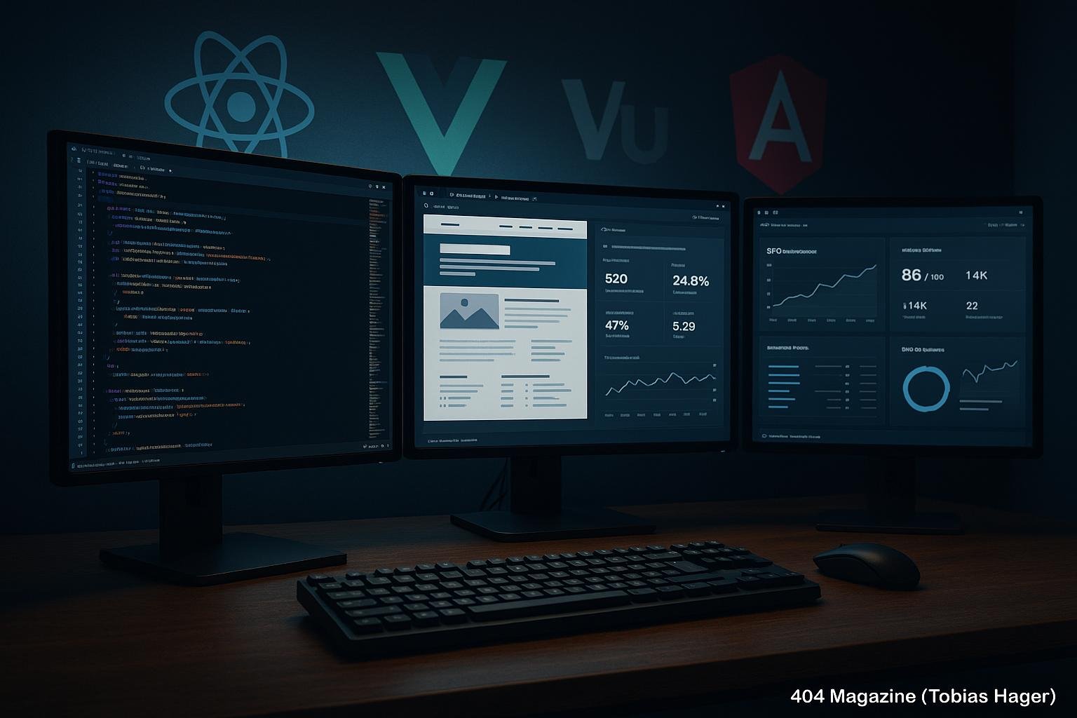Moderne Entwickler-Workstation mit mehreren Monitoren, Code-Editor, Diagrammen und Framework-Icons im Hintergrund