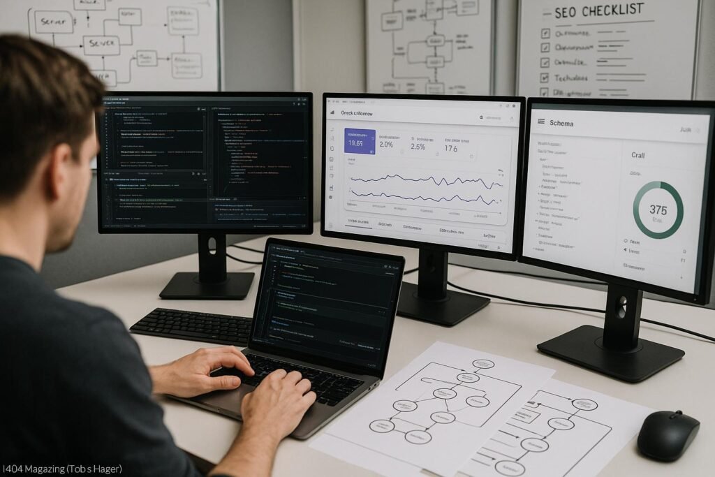 Moderne Arbeitsstation mit mehreren Bildschirmen, Entwickler überprüft Pull-Request, umgeben von technischen Diagrammen und SEO-Analysen im Büro