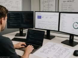 Moderne Arbeitsstation mit mehreren Bildschirmen, Entwickler überprüft Pull-Request, umgeben von technischen Diagrammen und SEO-Analysen im Büro