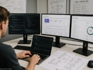 Moderne Arbeitsstation mit mehreren Bildschirmen, Entwickler überprüft Pull-Request, umgeben von technischen Diagrammen und SEO-Analysen im Büro