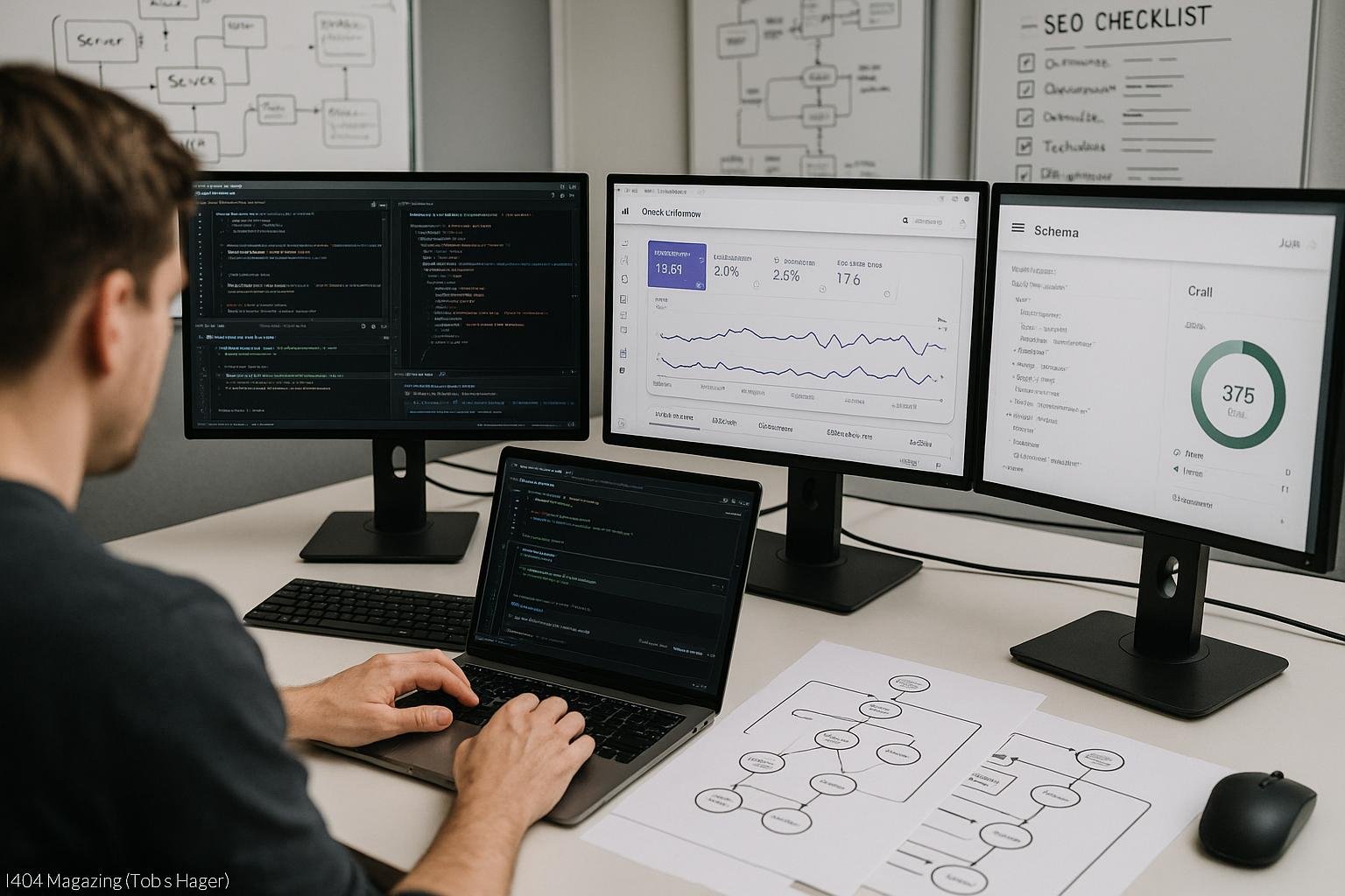 Moderne Arbeitsstation mit mehreren Bildschirmen, Entwickler überprüft Pull-Request, umgeben von technischen Diagrammen und SEO-Analysen im Büro