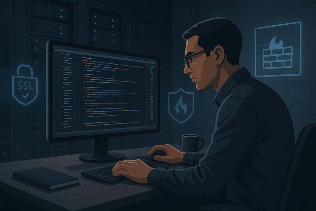 Modernes Arbeitsumfeld mit Entwickler, Code, Server-Racks und Sicherheitsicons, die Cybersicherheit und Website-Deployment-Überprüfung zeigen