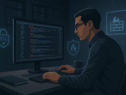 Modernes Arbeitsumfeld mit Entwickler, Code, Server-Racks und Sicherheitsicons, die Cybersicherheit und Website-Deployment-Überprüfung zeigen