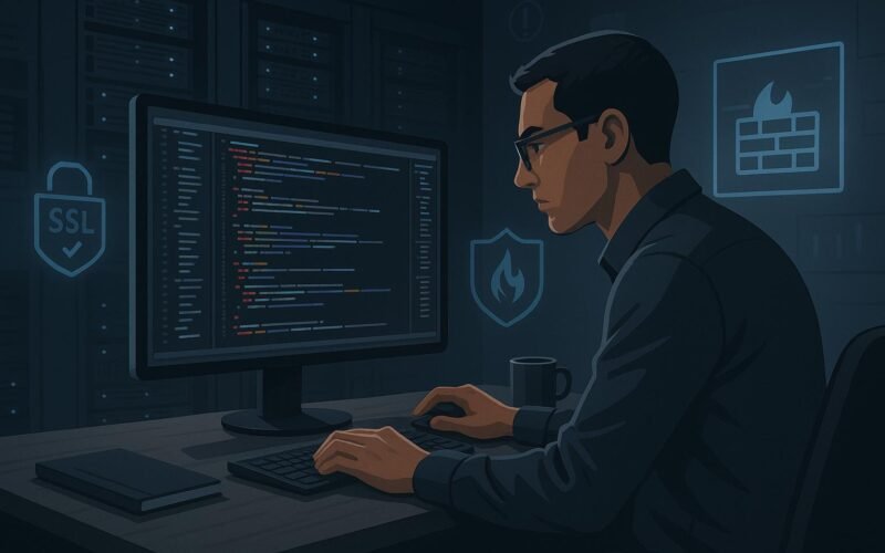 Modernes Arbeitsumfeld mit Entwickler, Code, Server-Racks und Sicherheitsicons, die Cybersicherheit und Website-Deployment-Überprüfung zeigen
