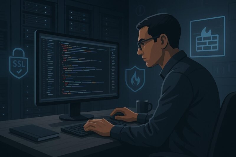 Modernes Arbeitsumfeld mit Entwickler, Code, Server-Racks und Sicherheitsicons, die Cybersicherheit und Website-Deployment-Überprüfung zeigen