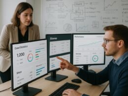 Heller Arbeitsplatz mit mehreren Monitoren, die Website-Analyse-Tools zeigen, im Hintergrund Whiteboard mit Diagrammen und Codes, Mitarbeiter im Business-Casual-Stil diskutieren Strategien zur Bug-Minimierung.