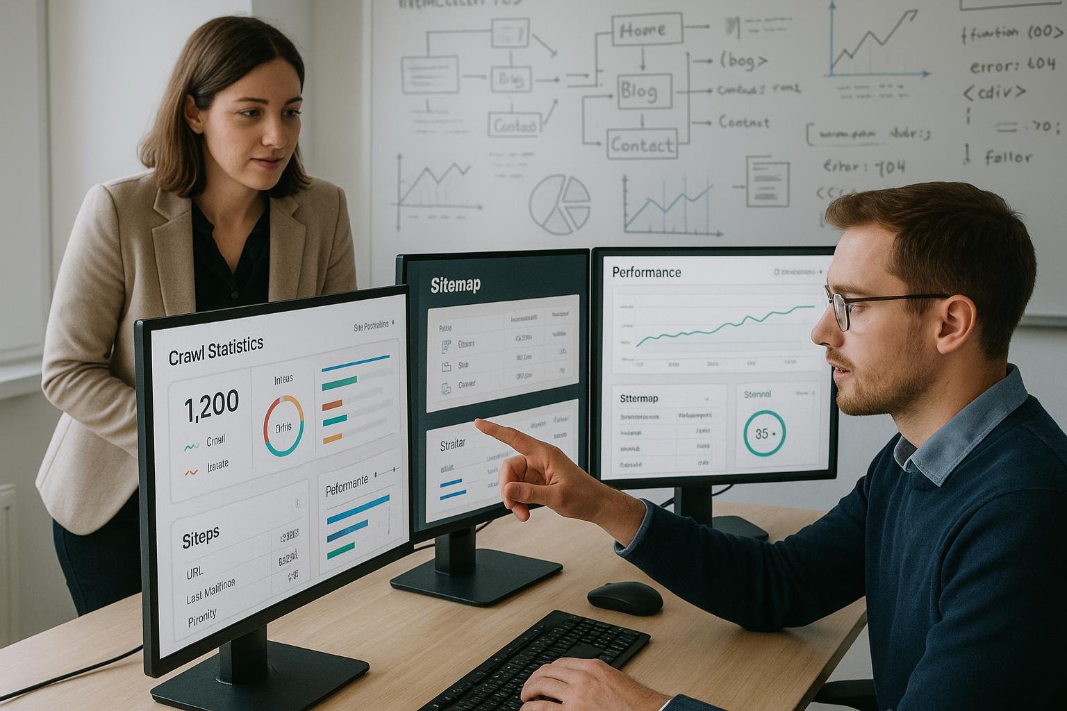 Heller Arbeitsplatz mit mehreren Monitoren, die Website-Analyse-Tools zeigen, im Hintergrund Whiteboard mit Diagrammen und Codes, Mitarbeiter im Business-Casual-Stil diskutieren Strategien zur Bug-Minimierung.