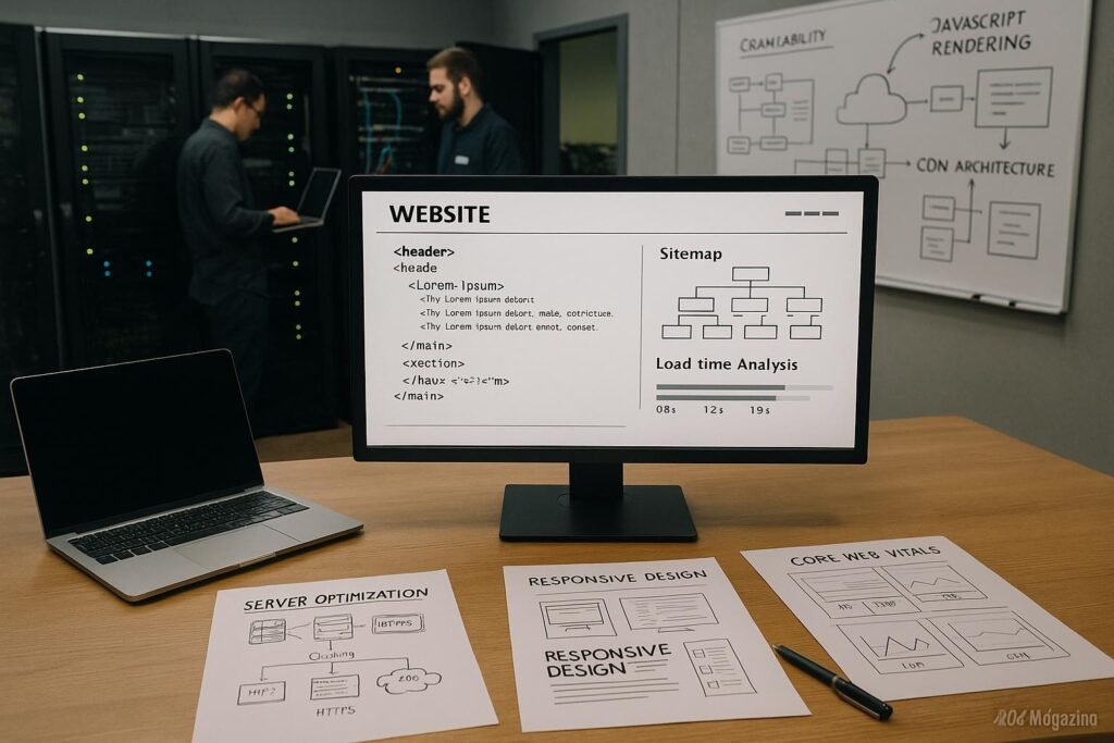 Detailliertes Technik- und Webentwicklungs-Setup in einem modernen Büro mit Monitor, Laptop und Whiteboards, die Serveroptimierung, Responsive Design und Core Web Vitals darstellen.