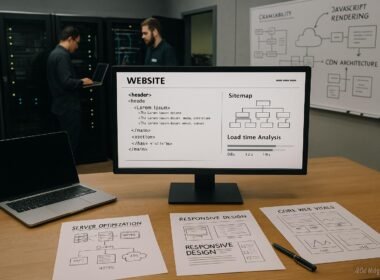 Detailliertes Technik- und Webentwicklungs-Setup in einem modernen Büro mit Monitor, Laptop und Whiteboards, die Serveroptimierung, Responsive Design und Core Web Vitals darstellen.
