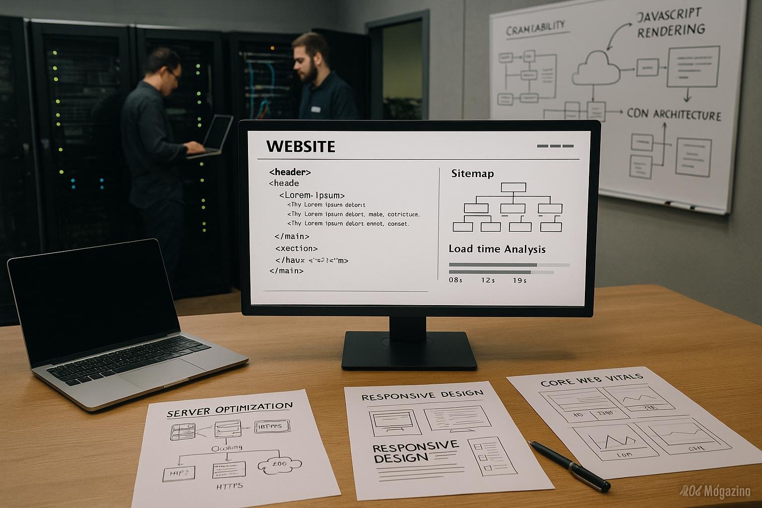 Detailliertes Technik- und Webentwicklungs-Setup in einem modernen Büro mit Monitor, Laptop und Whiteboards, die Serveroptimierung, Responsive Design und Core Web Vitals darstellen.