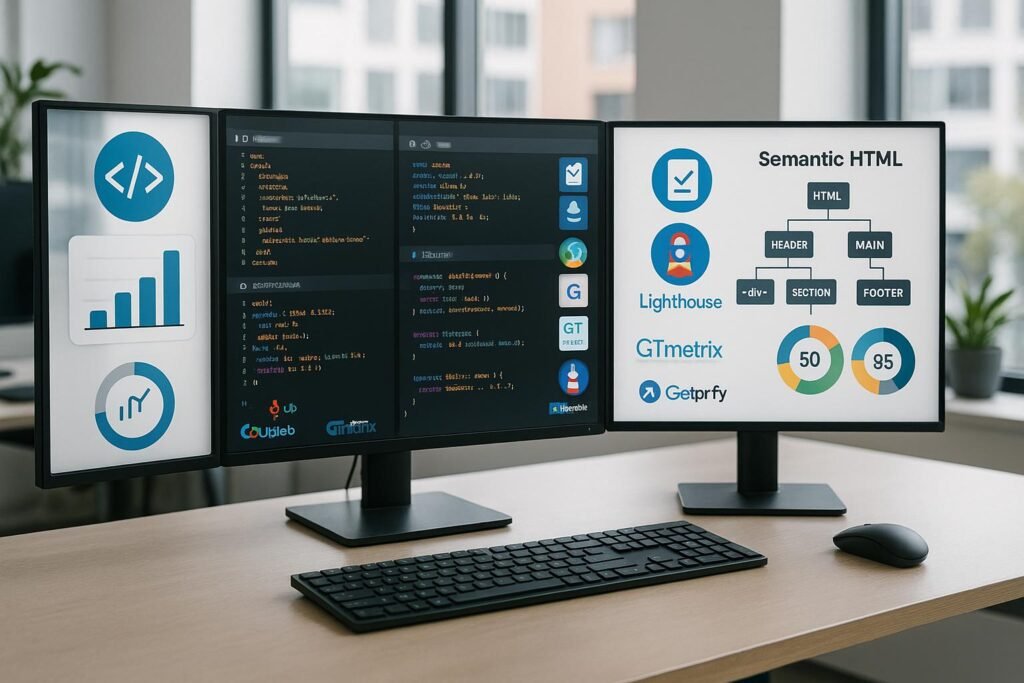 Arbeitsplatz eines Entwicklers mit Monitoren, die HTML-, CSS- und JavaScript-Code sowie Performance-Tools und Diagramme zeigen, auf einem minimalistischen Schreibtisch in einem hellen Büro.