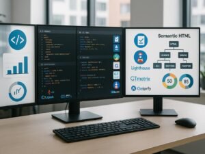 Arbeitsplatz eines Entwicklers mit Monitoren, die HTML-, CSS- und JavaScript-Code sowie Performance-Tools und Diagramme zeigen, auf einem minimalistischen Schreibtisch in einem hellen Büro.