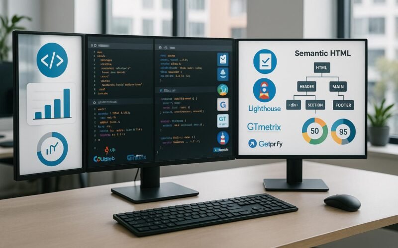 Arbeitsplatz eines Entwicklers mit Monitoren, die HTML-, CSS- und JavaScript-Code sowie Performance-Tools und Diagramme zeigen, auf einem minimalistischen Schreibtisch in einem hellen Büro.