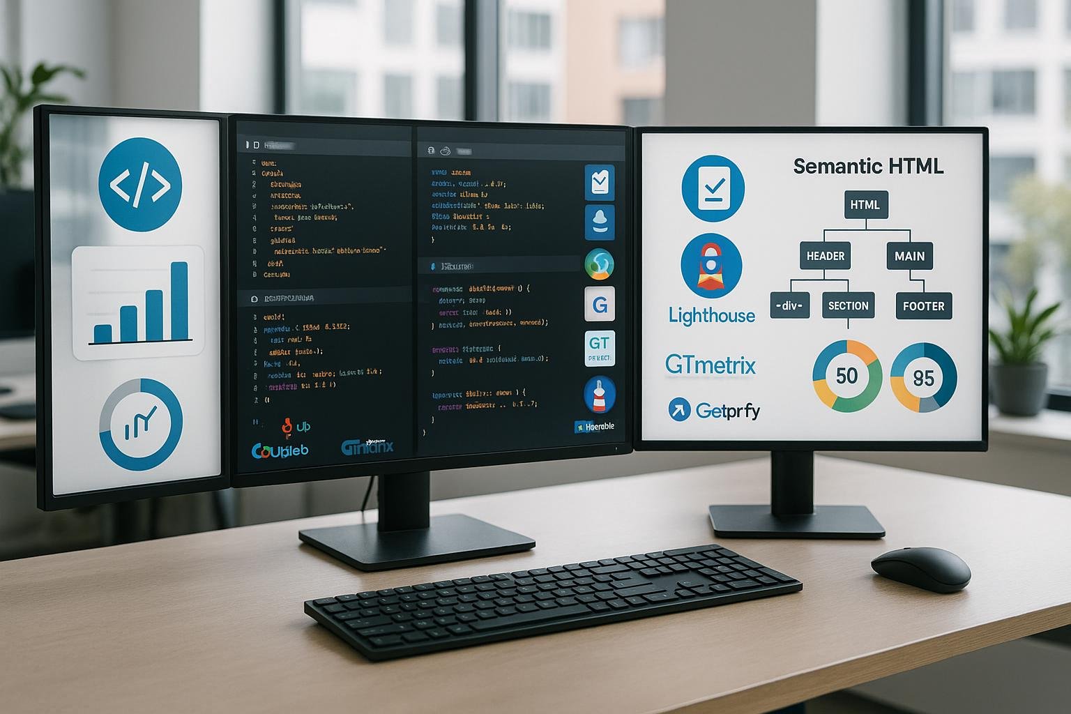 Arbeitsplatz eines Entwicklers mit Monitoren, die HTML-, CSS- und JavaScript-Code sowie Performance-Tools und Diagramme zeigen, auf einem minimalistischen Schreibtisch in einem hellen Büro.
