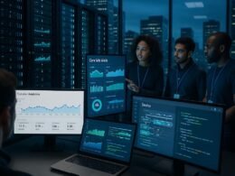 Moderner Serverraum mit Entwicklerteam, das Website-Metriken auf digitalen Touchscreens und Monitoren überwacht, mit Blick auf eine Stadt durch große Fenster.