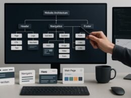 Moderner Digitalarbeitsplatz mit großem Monitor, der eine komplexe Website-Architektur mit verbundenen Modulen und Flussdiagrammen anzeigt, umgeben von Website-Komponenten und Entwicklerwerkzeugen.
