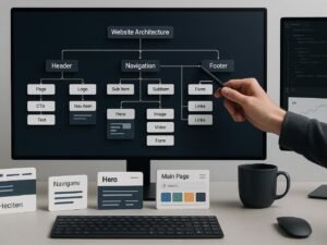 Moderner Digitalarbeitsplatz mit großem Monitor, der eine komplexe Website-Architektur mit verbundenen Modulen und Flussdiagrammen anzeigt, umgeben von Website-Komponenten und Entwicklerwerkzeugen.